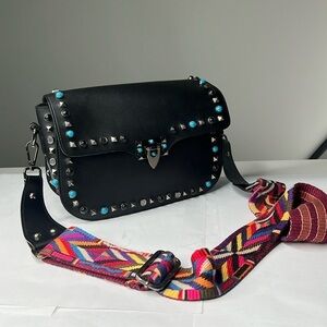 Black PVC Studded Flap Shoulder Crossbody Guitar Strap Bag